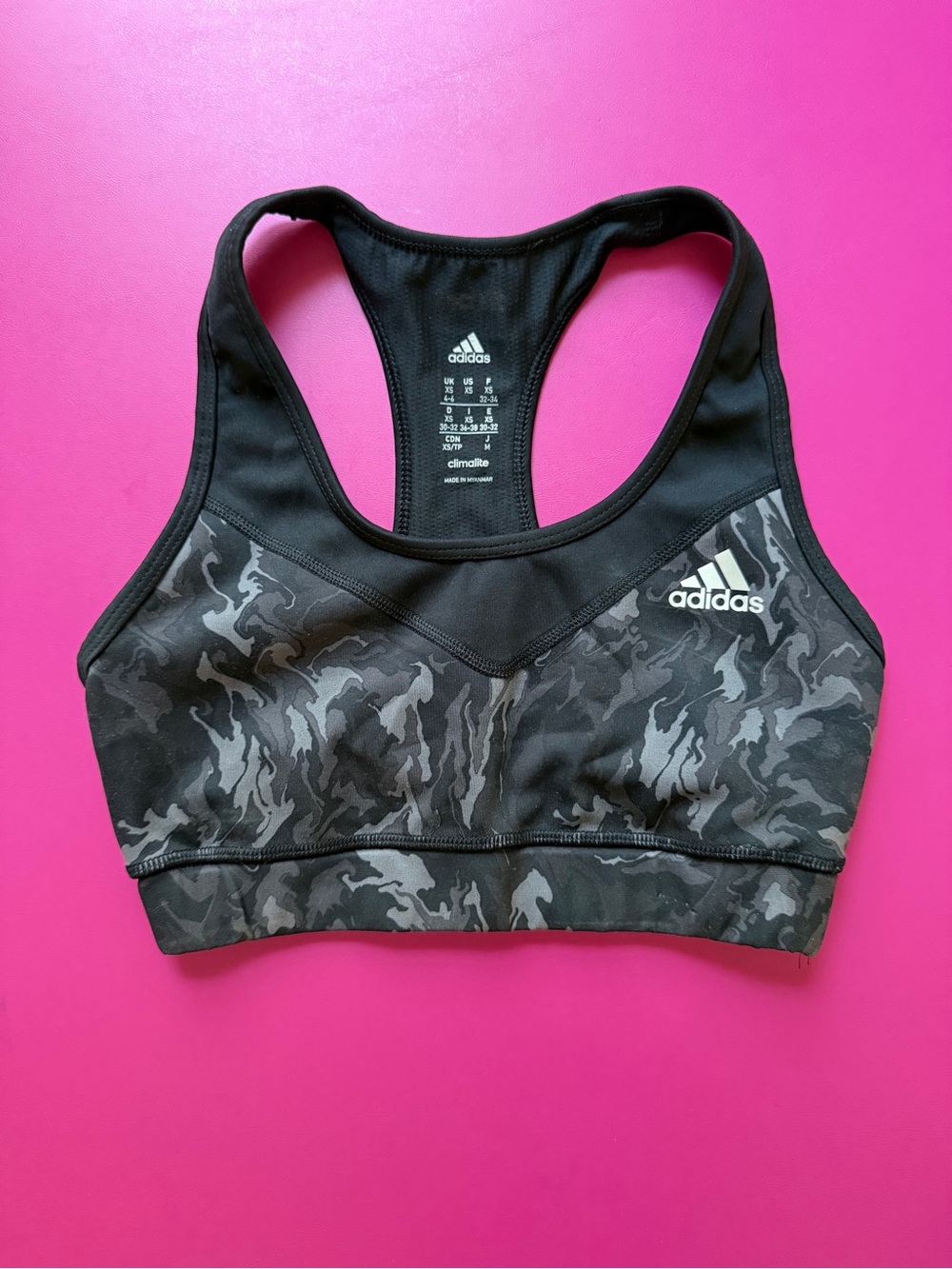 ADIDAS Climalite Sports Bra Black and Grey Abstract Print Size XS / Size X-Small